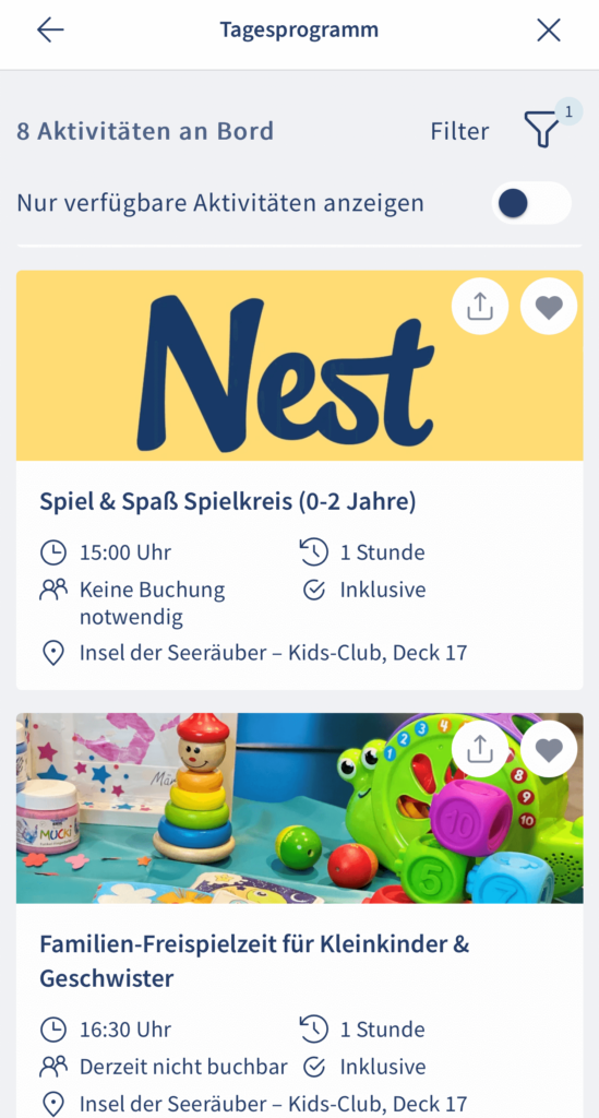 Auszug aus dem Tagesprogramm für Kinder auf der Mein Schiff Relax, Nest, Insel der Seeräuber